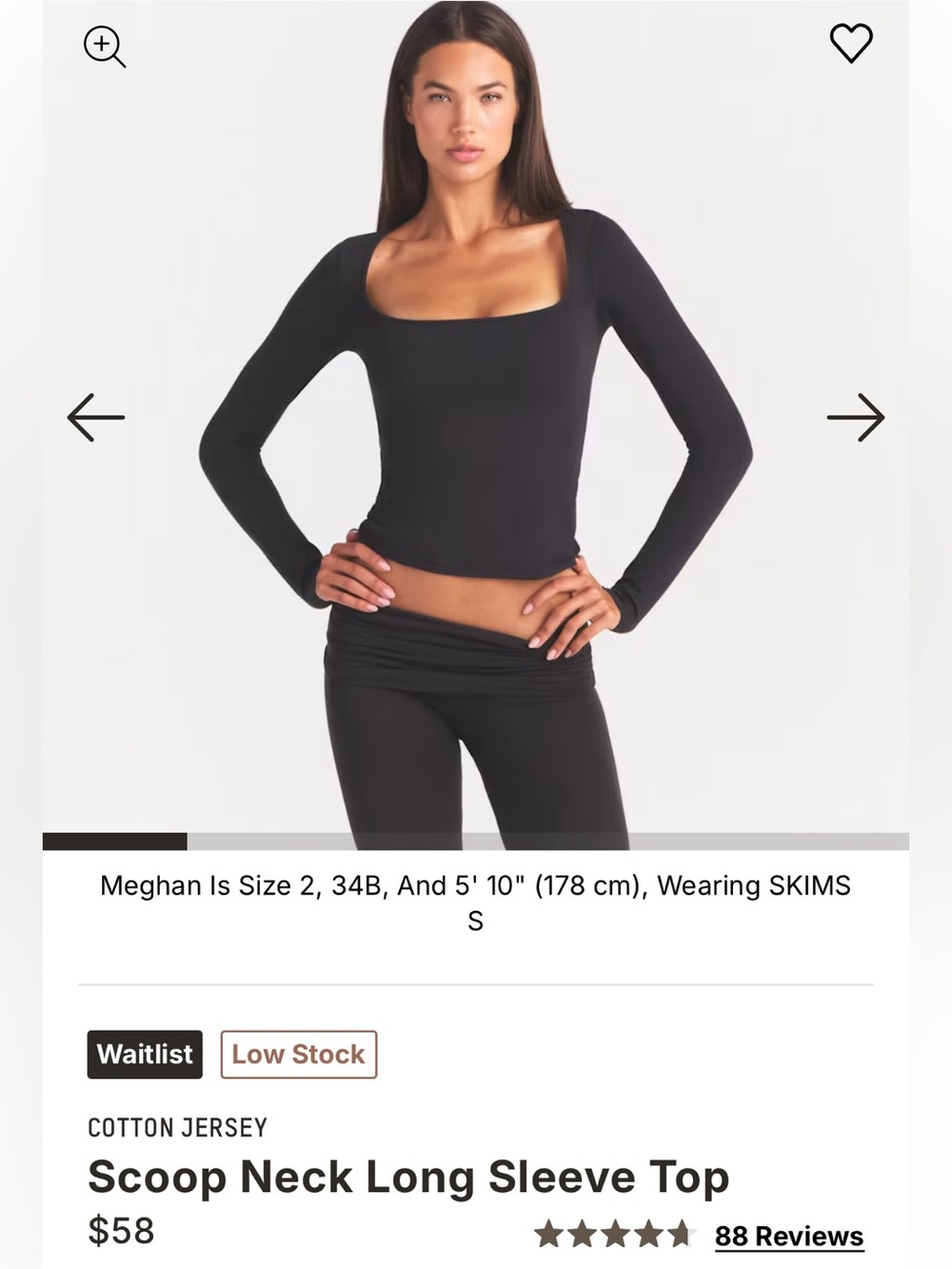 SKIMS COTTON JERSEY Scoop Neck Long Sleeve Top Black Soot XS NWT!!